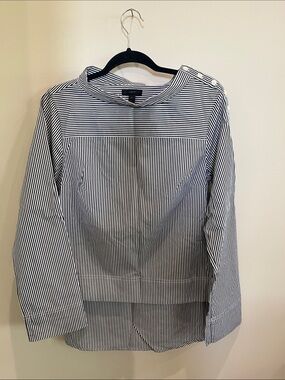 J. Crew Black and White Striped Button-Shoulder Blouse